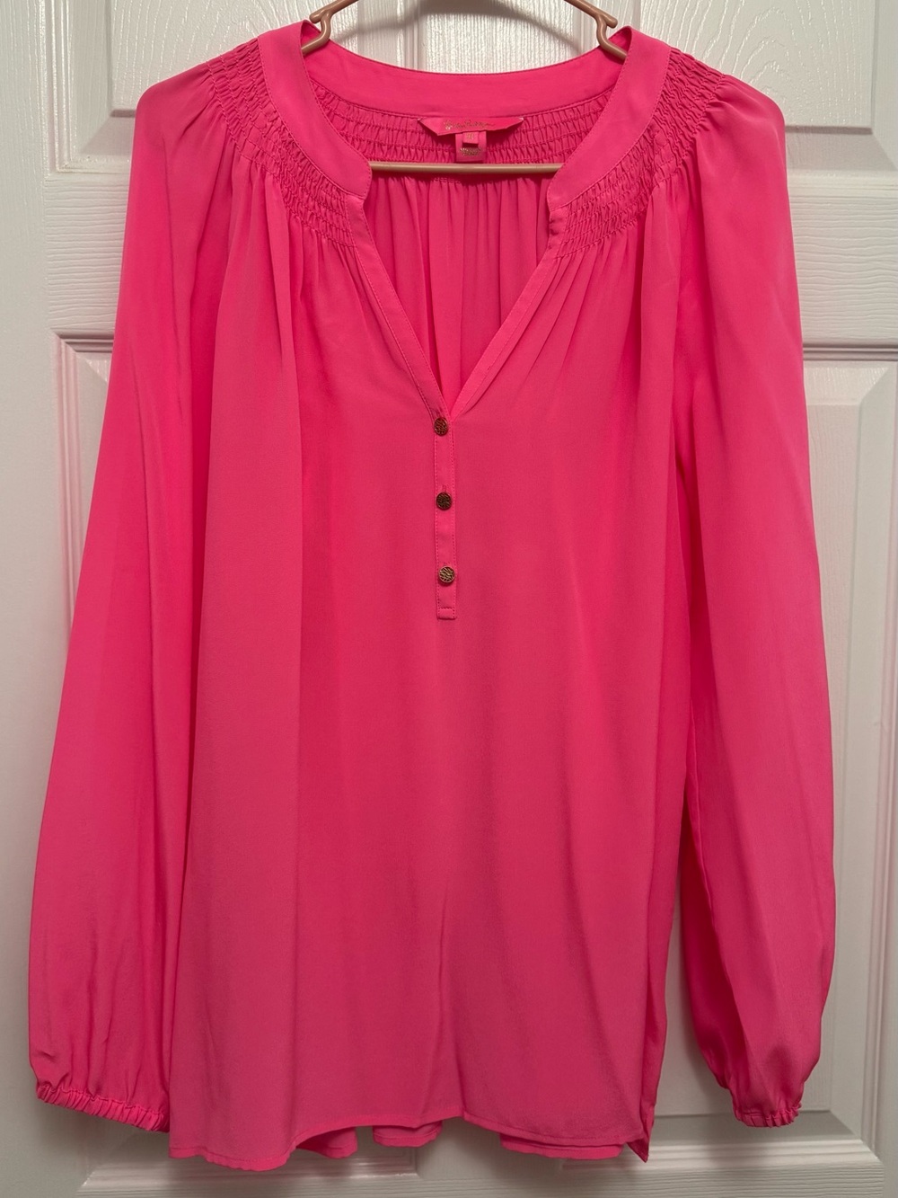 Lilly Pulitzer Bright Pink Smocked Yoke Long-Sleeve Blouse